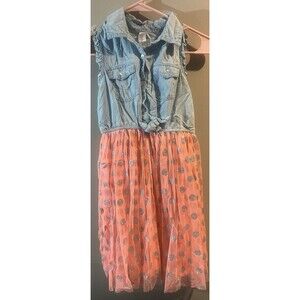 Justice Girls Denim &  Peach Polka Dots Lace Dress 12
